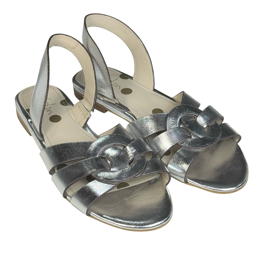 Boden Metallic Silver Leather Slingback Sandals Strappy Buckle Womens US 6 EU 37